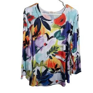 Jess & Jane T-Shirt Women's 1X Colorful Floral Artsy Abstract Watercolor Shirt